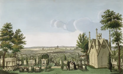 View of Pere-Lachaise Cemetery from the Gothic Chapel, engraved by Guiguet